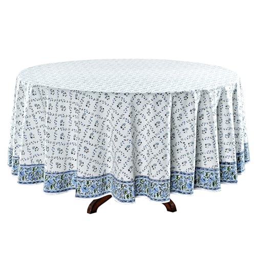 Ridhi Round Tablecloth Hand Block Print 100% Cotton Reusable Powder Blue 110 Inch Table Cover Decorative Everyday Use for Dining, Home, Party, Wedding, Farmhouse, Party Gift for Spring, Mother's Day by Ridhi - Used condition - Image 6