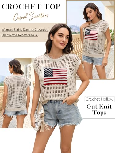 Image of Womens Summer Crochet Tops Hollow Out Cap Sleeve Cover Up Tank Top Pullover Sweater Vest Beach Vacation Clothes