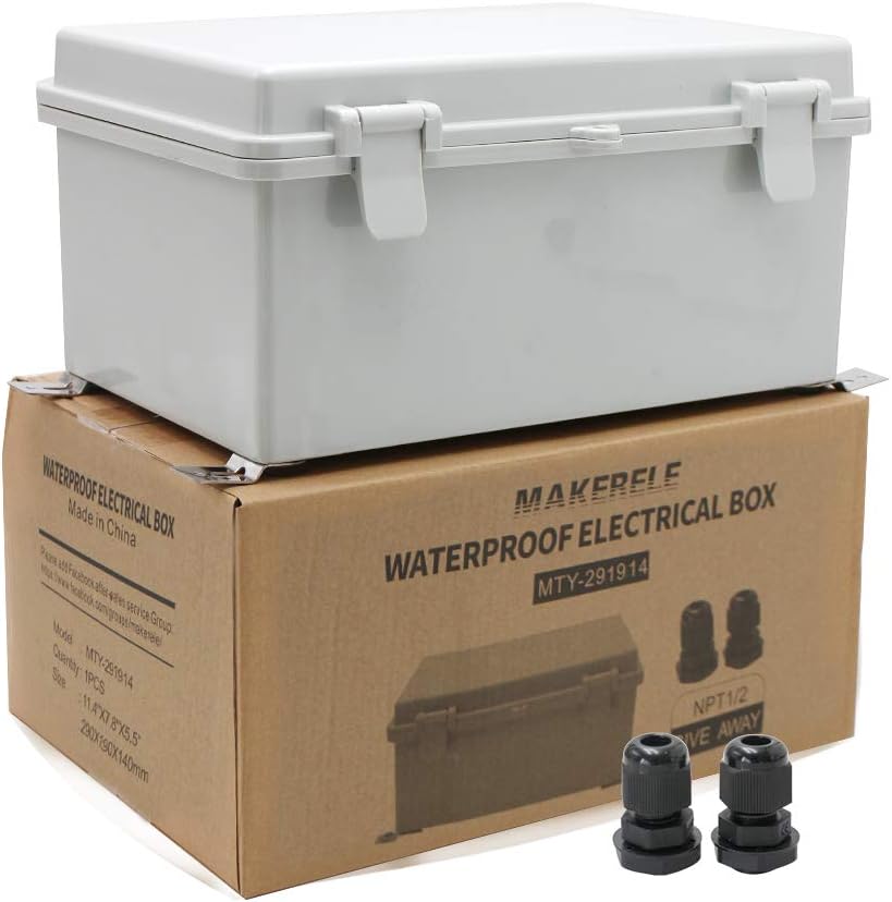 MAKERELE Waterproof Electronic DIY Projects Cable Enclosure Outdoor with Wall Bracket 11.4" 7.5" 5.5" (290190140mm) IP65 Outside ABS Plastic Electrical Box with 2 NPT 1/2” Glands