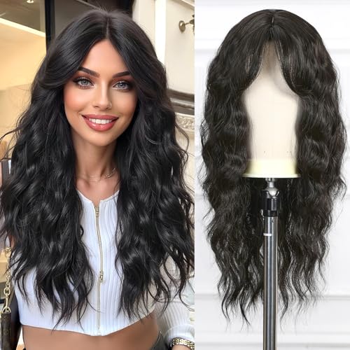 Esmee Long Wave Black Brown Wig for Women with Curtain Bangs Natural Synthetic Hair Wigs for Daily Party Use