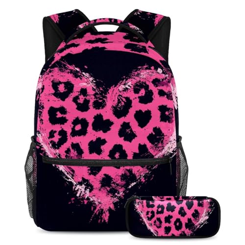 Sac à dos et cartable rose à cœurs imprimé léopard : le kit scolaire grand format ultra résistant