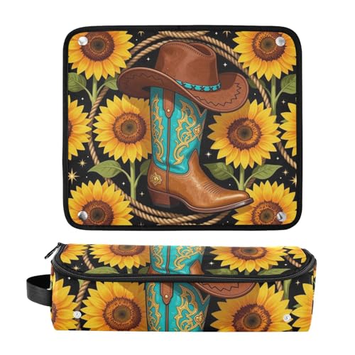Bolsa de viaje para herramientas de cabello y tapete resistente al calor para planchas, rizadores y alaciadores con diseño de bota vaquera occidental, herradura y girasol para mujeres miniatura 3