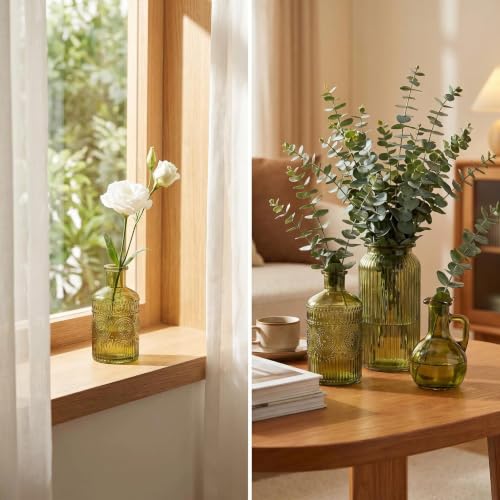 Lot de 12 petits vases en verre, style vintage avec motif structurel, pour fleurs et décoration d'intérieur (vert, 12 pièces) – vue 7