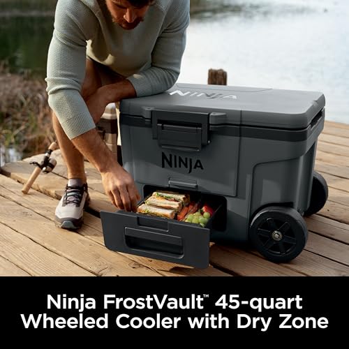 Image of Ninja | Cooler | FrostVault 45QT Cooler with Wheels | Insulated with Temp Dry Storage Drawer | Keeps Ice Cold for Days | for the Beach, Camping, Picnics & More | Grey | FB245CG