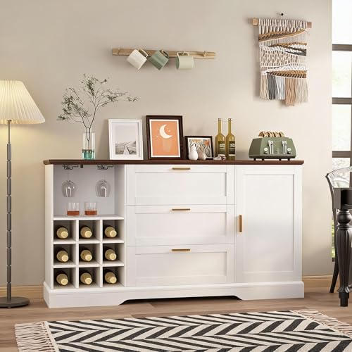 Doppeltcharms 63 Inch Farmhouse Sideboard Buffet Cabinet with Storage and Wine Racks,Kitchen Island with Shelves,Coffee Bar Station with Drawers for Entryway,Living Room,White