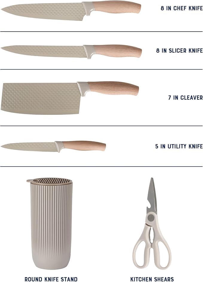 Image of Luxury 6 in 1 Wooden Coating Knife Set Light Wood Grain Handle Anti-Rust Non-Stick Stainless Steel Sharp Edge with 4 Knifes, 1 Stand, 1 Scissor for Hotel, Travel, Meat, Fruits (Light Khaki)