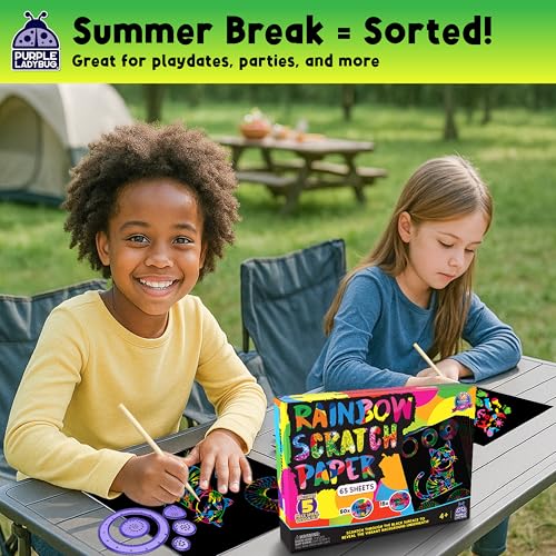 purple ladybug rainbow scratch art paper 79 pcs creative drawing paper amp stencils - arts and crafts for ages 4-12 kids craft activity set for halloween christmas gift birthday party games