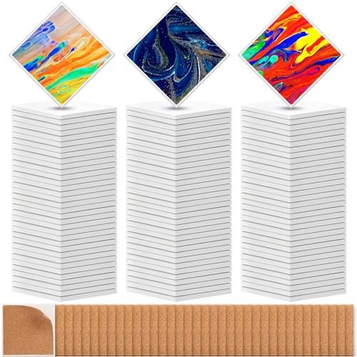 Tioncy 72 Pieces Ceramic Coasters for Crafts, White Sublimation Coaster Blanks, Heat Transfer Ceramic Tiles for DIY Printing, Cork Backing Pads Included (Square)