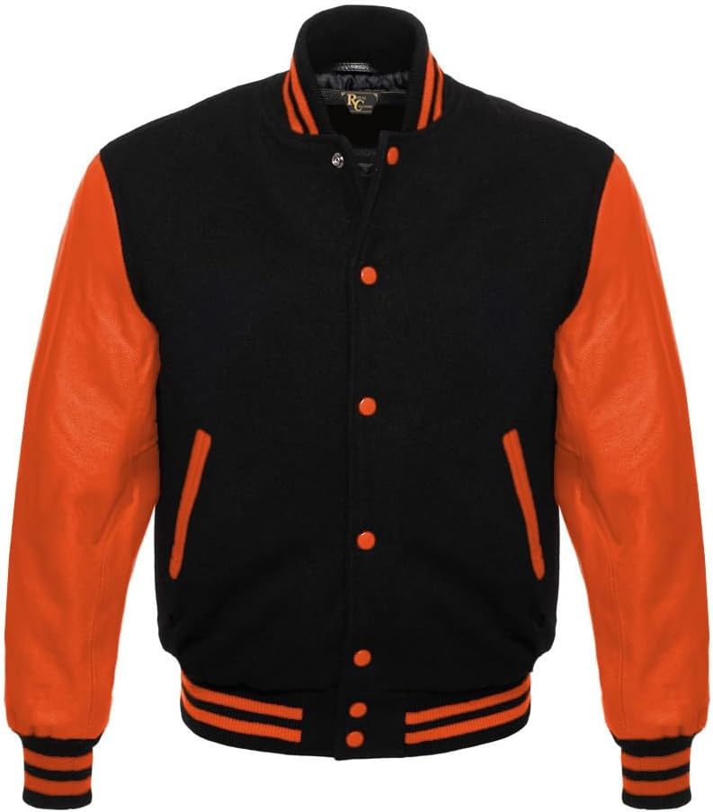 Men's Varsity Letterman Black Wool & Genuine Tewelve Colour Leather Sleeves Bomber Style Baseball Jacket