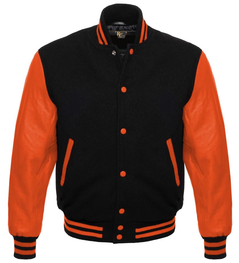 Men's Varsity Letterman Black Wool & Genuine Tewelve Colour Leather Sleeves Bomber Style Baseball Jacket