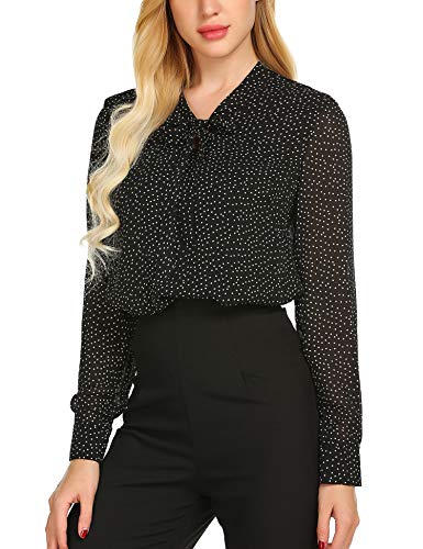 Zeagoo Nœud papillon pour femme, col longue/manches courtes, loisirs, travail de bureau, chemises, tops S-XXL, Pois noirs, S Cover