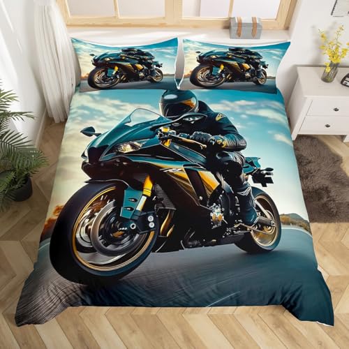 Loussiesd Juego de ropa de cama de coche de carreras, tamaño individual, juego de funda de edredón para niños y adolescentes, decoración de motociclistas, juego de funda de edredón de deportes