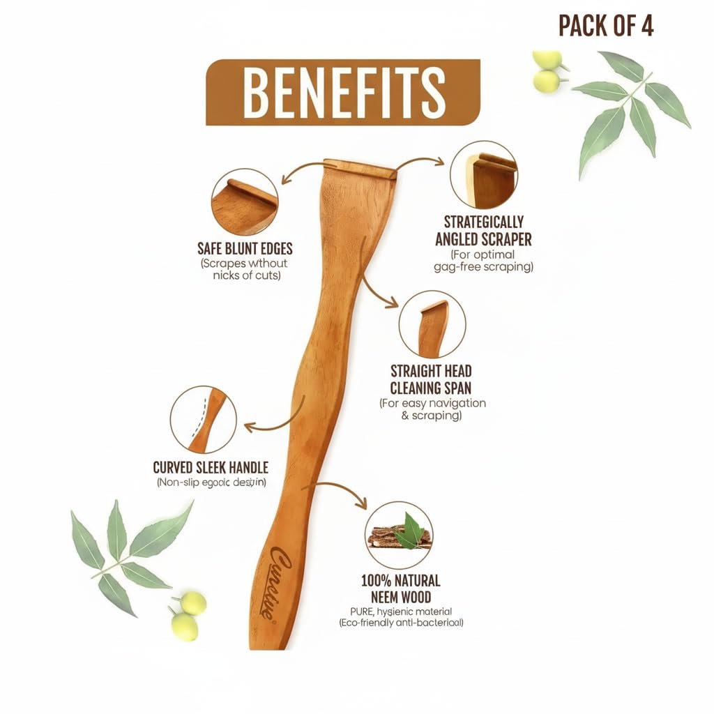 Handcrafted Neem Wood Tongue Scraper (Set of 4) - Smooth Polished Edge Tongue Cleaner - Ergonomic Straight Handle Oral Hygiene Tool - Eco-Friendly & Gentle Alternative to Plastic & Metal Scrapers