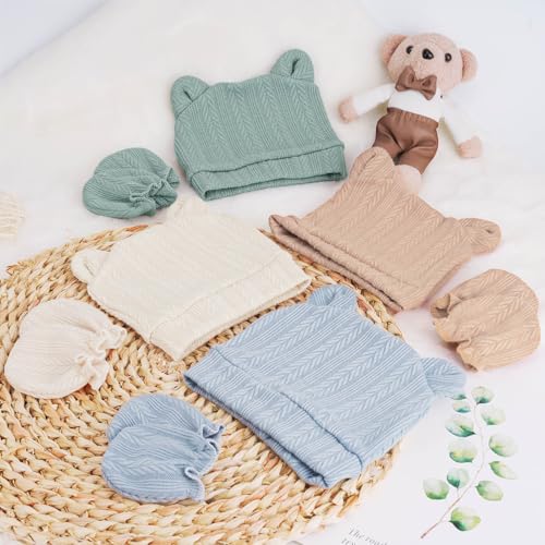 Image of BQUBO Newborn Baby Hats Bear Ears and Mittens Sets Preemie Caps Baby Boy Girl Infant Hospital Beanie for 0-3 Months