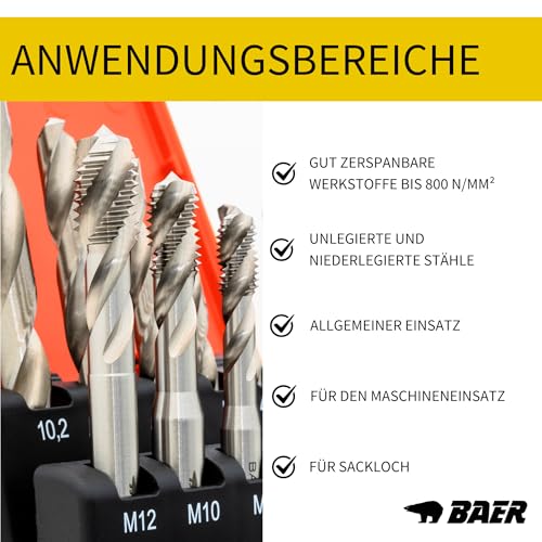 BAER Gewindeschneider Set HSSG: Maschinengewindebohrer Sackloch, Kernlochbohrer: M 3 - M 12 - Gewindebohrer Satz - Gewindeschneidset - Gewindeschneidsatz M3-M12 - Maschinengewindeschneider metrisch
