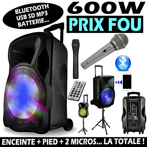 KARAOKÉ 600w + 2 MICROS Fil et sans Fil Enceinte Sono Portable Autonome + Pied + Bluetooth USB SD idéal KARAOKÉ SOIRÉE en Famille Bar