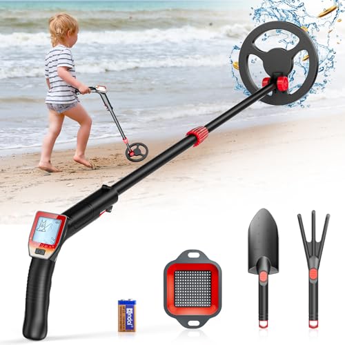 Detector de Metales Niños, Kooeuru Detector Metales Niños con Vástago Ajustable de 66 a 83 cm, Pantalla LCD Bobina de Búsqueda Impermeable, Detector de Metales para Niños con Pala Rastrillo Tamiz