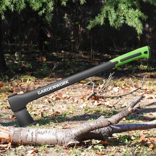 GARDENWORK Wood Splitting Axe,32\"Chopping Axe for Heavy Duty Woood Cutting,Axe for Chopping Wood, Shock Absorber Handle and Anti Slip Grip,Forged Steel Blade with Protective Cover and Non Slip Gloves