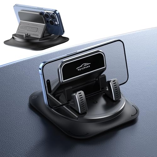 Vpryhuan 360 Degree Rotation Dashboard Phone Holder for Car Anti-Slip Grips & One-Hand Operation Car Cell Phone Mount with Adjustable Spring Clip Compatible with iPhone Samsung All Smartphones