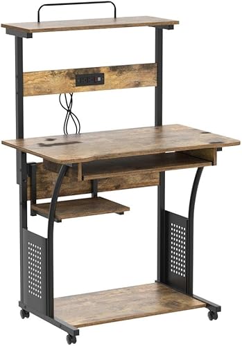 Miniatura 5 de Yaheetech Escritorio con ruedas para computadora de 3 niveles con estación de carga y bandeja para teclado escritorio de oficina en casa estación de