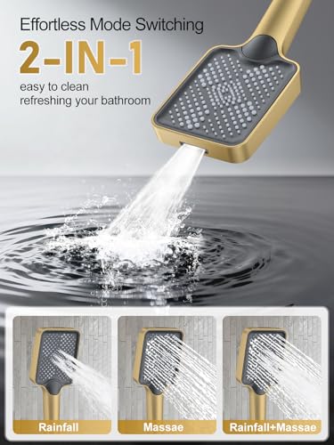 Image of Woindo Shower Faucet Set, 10 inch Ceiling Mount Rainfall Shower System with 2 Rain Shower Head and Multi-function Handheld Head Push Button Diverter Shower Faucet Trim Kit