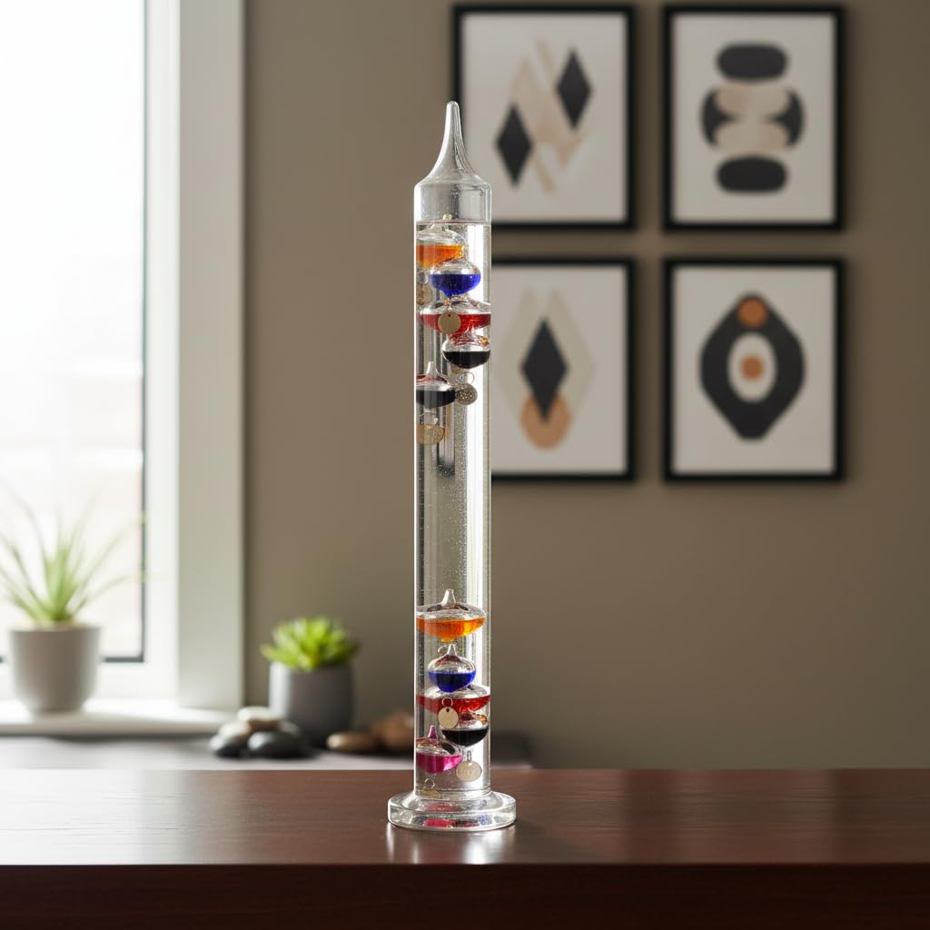 Galileo-Thermometerglasröhre 44 cm, für Außen- oder Innenraum, analoge, schwimmende Kugeln