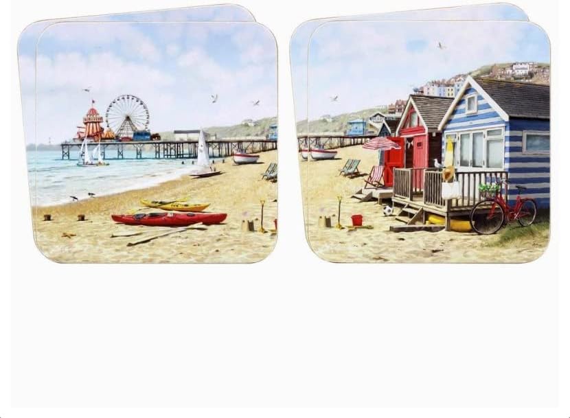 The Leonardo Collection LP94789 Sandy Bay Seaside Beach Huts Drinks Mat Coasters (Set of 4), Boxed