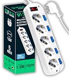 V-TAC Multipresa Elettrica con Interruttori Indipendenti - 5 Prese 10/16A Bipasso + Schuko - Spina 16A - Presa Elettrica per Casa, Ufficio, Negozio - Ciabatta - Colore Bianco