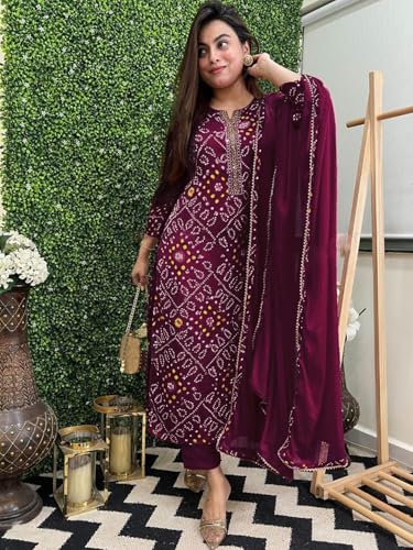 Image of GoSriKi Viscose Printed Straight Kurta with Pant and Dupatta for Women | Viscose Wine | 3 /4 Sleeve | Round Neck V-Slit | Ethnic Wear Casual Wear