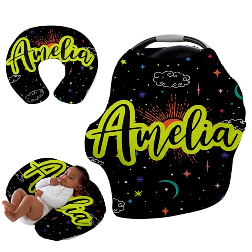 Image of Custom Name Car Seat Canopy - Baby Car Seat Covers, Infant Stroller Cover, Bright Green Star Carseat Canopy Christmas Birthday Gifts for Girls and Boys