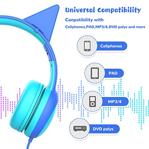 Image of Kids Headphones with Limited Volume, Cat Ear Toddler Headphones, Wired Headphone Over Ear for Boys and Girls,Stereo Sound Foldable 3.5mm Headset for Children