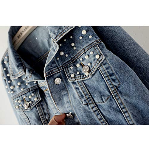 Ainangua Cropped Jean Jacket Women's Pearl Oversized Distressed Short Bridal Embroidered Beading Denim Jacket (Blue, M) #TOP4