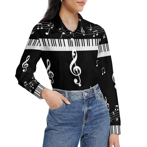 PPIKTC Women's Basic Button Down Shirt Black and White Piano
