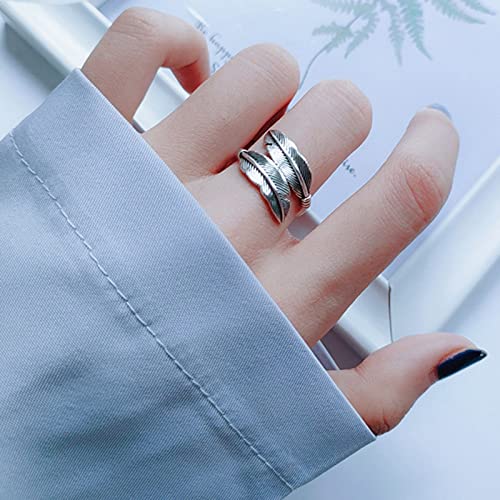 Women Adjustable Feather Rings Open Ethnic Vintage Engagement Rings Bridal Wedding Bands Couple Ring for Her (Silver, One Size)2