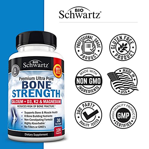 Bioschwartz Bone Strength Supplement With Calcium + D3, K2 & Magnesium - Highly Absorbable Vitamin Blend For Bone & Muscle Support - Non-Constipating Formula - 8 Bone Building Nutrients - 120 Count #TOP4