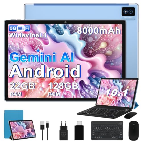 BIEGEDY 2026 Tablet 10 Pulgadas Gemini AI, Android 22GB RAM + 128GB ROM (TF 2TB), 8000mAh /Octa-Core 2.0 GHz/Widevine L1 / GMS / 5MP+8MP / 5G WiFi 6 / BT5.0 / GPS, Tablet con Teclado y Raton - Azul