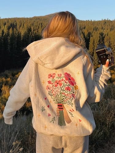YILEEGOO Y2k Hoodies for Women Teen Girls Embroidery Graphic Flower Oversized Hooded Sweatshirts Vintage Floral Sweater Pullover Tops (Light Grey, M) - Image 2