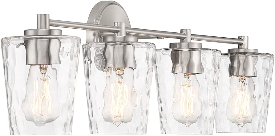 Savoy House 8-5606-4-SN Ballas Vintage Coastal Clear Hammered Glass Bathroom Vanity Wall Light, 4-Light 240 Total Watts, 10" H x 32" W, Satin Nickel