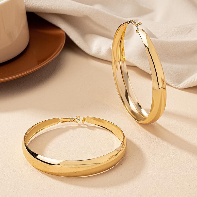 Gold Chunky Hoop Earrings for Women Exaggerated Large Hoop Gold/Silvery Statement Earrings Minimalist Polished Wide Post Thick Earrings Trendy Prom Jewelry for Women - Image 9