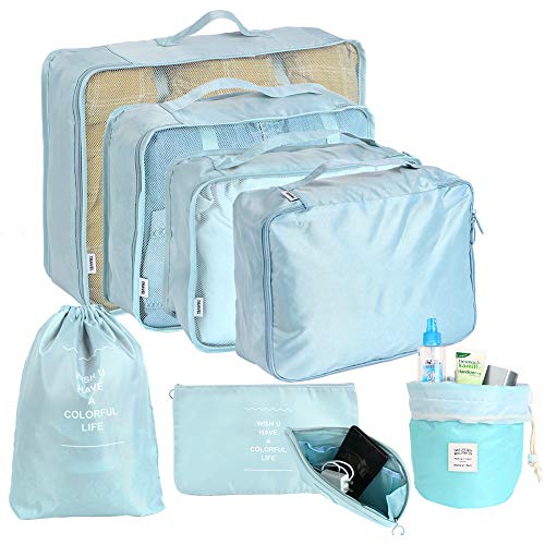 Qyonline - Cubos de embalaje, 8 juegos organizadores de equipaje de viaje, bolsa de almacenamiento impermeable y bolsa de compresión (azul)