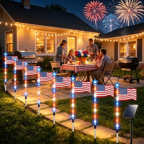 Solar American Flag Lights Outdoor 8 Piece Solar Flag Light Set with 8 Modes 4th of July Decorations Outdoor Red White and Blue Solar Pathway Lights for Patriotic 250th Anniversary Garden Decor