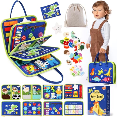 Image of Toddler Sensory Busy Board: Travel Toy Activity Book for Girls Boys, Motor Skill Development Gift for Baby Aged 3-4 Years, Fine Educational Preschool Montessori Learning Toy for Car Airplane Dinosaur