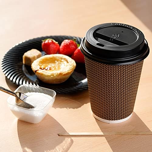 STACKABLES 60 Pack Triple Wall 12oz Disposable Paper Cups with Lids Coffee Cups with Lids Dark Brown Cup for Hot Coffee, Tea & Cold Drinks (12oz, Pack of 60)