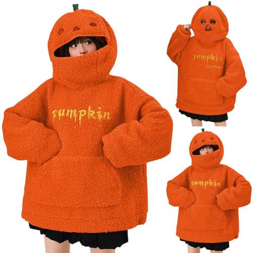 Halloween Sweatshirts for Women Cute Halloween Pumpkin Hoodie for Teen Girls Spooky Season Oversized Sweatshirt Fuzzy Sherpa Orange Hoodie with Pocket Mask Long Sleeve Warm Y2k Graphic Sweat Shirts