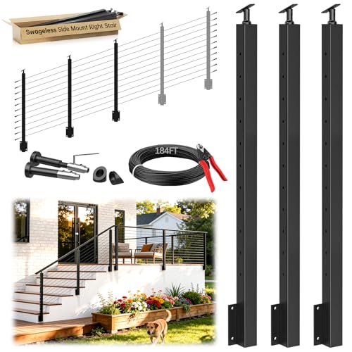 Gyykzz 8-16FT Swageless Side Mount Stair Cable Railing Post for 28-38 Degrees Stair, Right Side Railing System 3 Stair Post, 184FT Cable, 22 Patent Terminal, Fascia Mount Post Kit for 36"/42" Railing