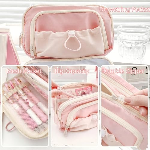 Image of FINPAC Pencil Case, 5-Layer Large Capacity Pen Case with Drawstring, Durable Stylish Bag Pouch Holder Box Organize for Study, Office, or Travel (Pink)