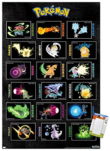 Trends International Pokémon - Moves Grid Wall Poster, 14.72" x 22.37", Premium Poster & Mount Bundle