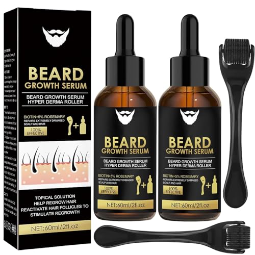 2 Stück Bartwachstums Serum mit 2 Bartroller, Bartwachstums Öl, Bartwuchs Kit, Bartwachstum Set, Stimuliert das Bart- und Haarwachstum, Geschenke für Ehemann,Vater, Männer
