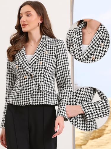 Allegra K Houndstooth Blazer for Women Notch Lapel Plaid Suit Jacket Long Sleeve Button Down Work Office Blazers2