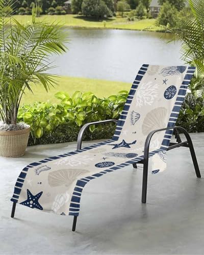 Beach Pool Patio Lounge Chaise Chair Cover Towel with Pockets,Coastal Navy Blue Absorbent & Quick Dry Microfiber Towel Cover Bag Travel Accessories Nautical Starfish Shells Coral Conch Jellyfish
